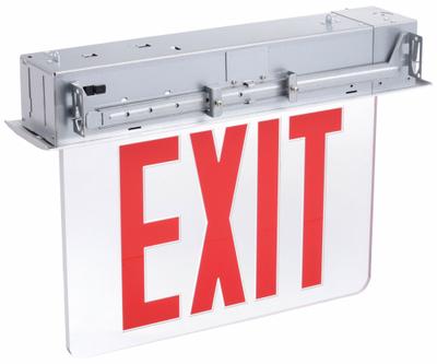 LITHONIA LIGHTING Edge-lit Exit Sign: 1 Faces, Red, Aluminum, Universal Field Selectable Chevrons - Recess-Mount Edge-Lit Exit Signs