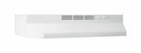 Non-Ducted Range Hood: Recirculation, 24 in Wide, White, Steel Housing, 0 sones, 2 Speeds, BUEZ124WW. Key specifications — Manufacturer Part Number: BUEZ124WW; Nameplate Voltage: 120V AC; Brand: BROAN; Filter Type: Charcoal; Material: Steel.