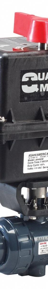 ASAHI Electrically Actuated Two-Way Ball Valve: 1 1/4 in, PVC, 120V AC, Socket x Socket, Three-Piece (MPN 2901012). Key specifications — Actuator Features: Thermal Overload Protection; Brand: ASAHI.