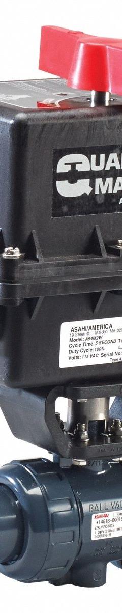 ASAHI Electrically Actuated Two-Way Ball Valve: 1 1/4 in, PVC, 120V AC, Socket x Socket, Three-Piece (MPN 2901012). Key specifications — Actuator Features: Thermal Overload Protection; Brand: ASAHI.