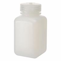 NALGENE Laboratory Bottle: 250 mL, 8 fl oz, HDPE, Natural, 43 mm Screw Closure Size, Square, Unlined (MPN 2114-0008). Key specifications — Body Color: Natural; Brand: NALGENE; Closure Included: Yes; Graduated: No; Closure Attached: Attached.