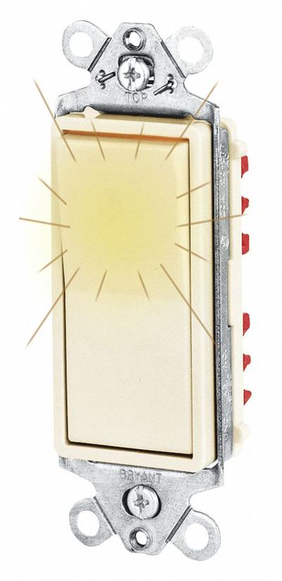 BRYANT Wall Switch: Rocker Switch, Single Pole, Maintained, Ivory, 120/277V AC - Rocker Wall Switches