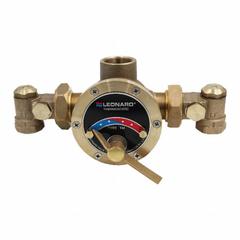LEONARD VALVE Thermostatic Mixing Valve: 1 1/4 in Inlet Connection Size, NPT, 65°F to 180°F (MPN TM-150-AT-LF-NI). Key specifications — Includes: Check-stops; Brand: LEONARD VALVE.