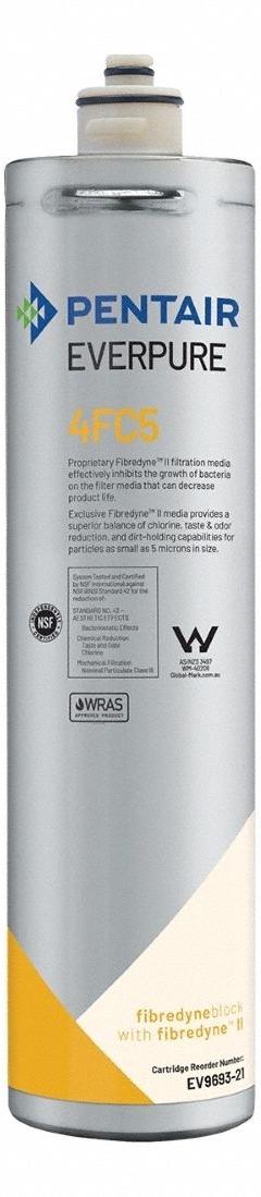 EVERPURE Quick-Connect Water Filter: 5 micron, 2.5 gpm, 15,000 gal, 10 1/8 in Overall Ht (MPN EV969321). Key specifications — Filter Media: Carbon; Reduces: Chlorine Taste; Brand: EVERPURE.