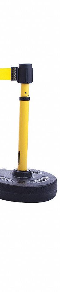 Belt Barrier System: 42 in Post Ht, 15 ft Belt Lg, Yellow, 2 No. of Posts, Message, Fillable Base (MPN PL4002). Key specifications — Brand: BANNER STAKES; Base Shape: Round Flat; Belt Color: Yellow; Message: Caution - Cuidado; Post Color: Yellow; Includes: (5) Bases; Belt Type: Message.