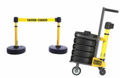 Belt Barrier System: 42 in Post Ht, 15 ft Belt Lg, Yellow, 2 No. of Posts, Message, Fillable Base (MPN PL4002). Key specifications — Brand: BANNER STAKES; Base Shape: Round Flat; Belt Color: Yellow; Message: Caution - Cuidado; Post Color: Yellow; Includes: (5) Bases; Belt Type: Message.