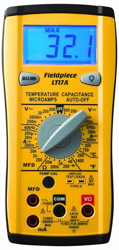 FIELDPIECE Digital Multimeter: TRMS, CAT III 600V, 200 mA Max AC Current Measurement (MPN LT17A). Key specifications — Brand: FIELDPIECE; Calibration Certificate Included: No Certification Included; Instrument Safety Rating: CAT III 600V.