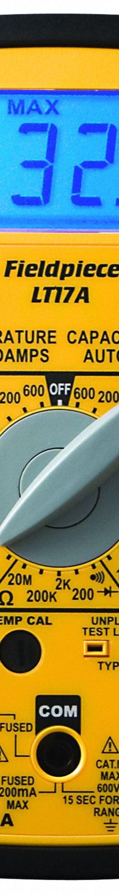 FIELDPIECE Digital Multimeter: TRMS, CAT III 600V, 200 mA Max AC Current Measurement (MPN LT17A). Key specifications — Brand: FIELDPIECE; Calibration Certificate Included: No Certification Included; Instrument Safety Rating: CAT III 600V.