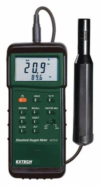 EXTECH Dissolved Oxygen Meter: Dissolved Oxygen/Temp, 100% DO Concentration - Max, ±0.4 mg/L, LCD (MPN 407510). Key specifications — Includes: (3) Membranes; DO Accuracy: ±0.4 mg/L; Temp Accuracy: ±0.8°C; Brand: EXTECH; DO Resolution: 0.7%.