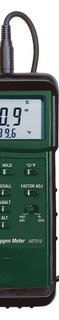 EXTECH Dissolved Oxygen Meter: Dissolved Oxygen/Temp, 100% DO Concentration - Max, ±0.4 mg/L, LCD (MPN 407510). Key specifications — Includes: (3) Membranes; DO Accuracy: ±0.4 mg/L; Temp Accuracy: ±0.8°C; Brand: EXTECH; DO Resolution: 0.7%.