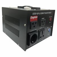 DAYTON Step Up/Step Down Voltage Converter: 1.5 kVA Power Rating, Single Phase, 50/60 Hz, 4 Outlets (MPN 16V987). Key specifications — Frequency: 50/60 Hz; Protective Device: None; Voltage Conversion: 110 to 220V AC; Brand: DAYTON; Phase: Single.