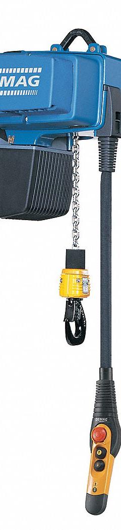 DEMAG Electric Chain Hoist: H4 - Heavy Duty, 480V AC, Hook Mounted - No Trolley, Variable Speeds (MPN DCS Pro 10-2000-2/1 H8 VS6-11-480/60). Key specifications — Brand: DEMAG; Includes: Chain Container; Operating Voltage: 480V AC; Headroom Clearance: 28 in - 30 in.
