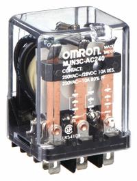 OMRON General Purpose Relay: Socket Mounted, 10 A Current Rating, 240V AC, 3PDT, 11 Pins/Terminals (MPN MJN3C-AC240). Key specifications — Brand: OMRON; Base Type: Square; Mounting Style: Plug-In; Pin Shape: Round; Electrical Connection: Plug-In; Manufacturer Part Number: MJN3C-AC240; Series: MJN Series.