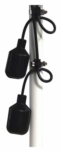 SJE-RHOMBUS Dual Float Switch: Wide-Angle, Normally Open (Pump Down), 120V AC, 13 A, 3-Wire (MPN 20DFMMD1WOP). Key specifications — Rated Voltage: 120V AC; Brand: SJE-RHOMBUS; Electrical Connection: 3-Wire; Counterweight/Mounting: Pipe Clamp Required.