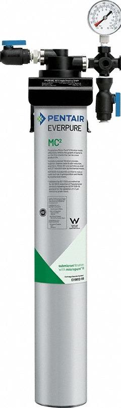 EVERPURE Water Filtration System: 0.2 micron, 1.7 gpm, FNPT, 26 3/4 in Overall Ht, 9,000 gal (MPN EV927501 -75). Key specifications — Brand: EVERPURE; Reduces: Chlorine; Filter Media: Sediment.