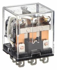 OMRON General Purpose Relay: Socket Mounted, 10 A Current Rating, 24V DC, 3PDT, 11 Pins/Terminals (MPN LY3-DC24). Key specifications — Brand: OMRON; Base Type: Square; Mounting Style: Plug-In; Pin Shape: Flat; Electrical Connection: Plug-In; Manufacturer Part Number: LY3-DC24; Operating Current: 10 A at 110V AC (Resistive Load); Series: LY Series.