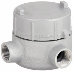 Conduit Outlet Body: Iron, GE, 1/2 in Trade Size, L Body, 19 cu in Body Capacity (MPN GECLT-1M). Key specifications — Series: For Standard Body; Compatible Conduit Trade Size: 1/2 in; Thread Gender: Female; Hub Style: Threaded; Cover Included: Yes; Body Style: L; Connection Type: Threaded; Back Type: Flat.