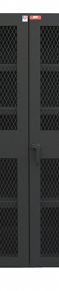 JAMCO Storage Cabinet: 36 in x 18 in x 78 in, 4 Adj Shelves, Swing Handle & Padlock Hasp, Legs (MPN DM136BL). Key specifications — Brand: JAMCO; Body Panel Type: Ventilated; Base Type: Legs; Cabinet Color: Black; Frame Assembled: Assembled.