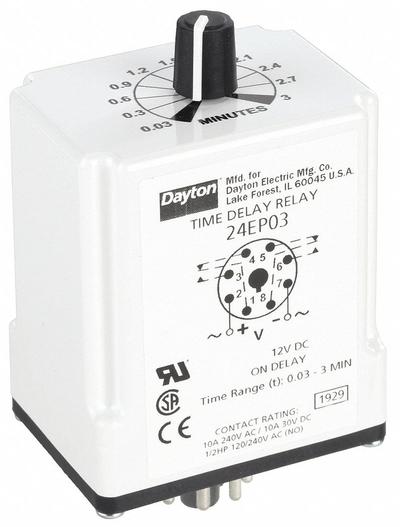 Dayton Single Function Time Delay Relay: Socket Mounted, 12V DC, 10 A, 8 Pins/Terminals - Socket-Mounted Relays