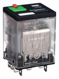 SCHNEIDER General Purpose Relay: Socket Mounted, 15 A Current Rating, 120V AC, 3PDT, E Socket (MPN RPM31F7). Key specifications — Brand: SCHNEIDER; Base Type: Square; Mounting Style: Plug-In; Pin Shape: Flat; Electrical Connection: Quick-Connect; Manufacturer Part Number: RPM31F7; Series: Harmony™ RPM Series.