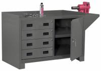 DURHAM MFG Cabinet Workbench: Steel, 48 in x 24 in, 2,000 lb Overall Load Capacity, Gray (MPN 3404-95). Key specifications — Assembly: Fully Assembled; Brand: DURHAM MFG; Included Components: Vice Support Shelf.