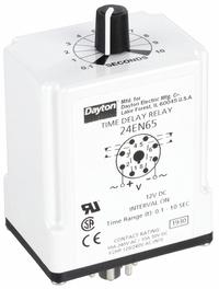 DAYTON Single Function Time Delay Relay: Socket Mounted, 12V DC, 10 A, 8 Pins/Terminals, Interval (MPN 24EN65). Key specifications — Brand: DAYTON.