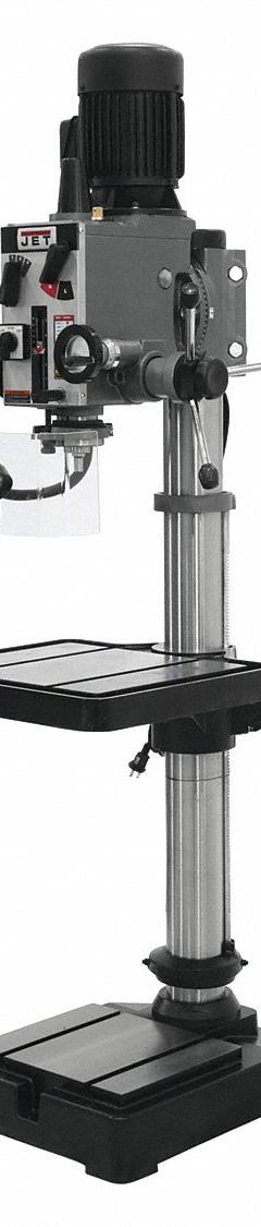 JET Floor Drill Press: Geared Head Drive, Fixed Speed, 60 RPM – 3,000 RPM, 230V AC /Three-Phase (MPN 354020). Key specifications — attr22849: 60 to 3,000 RPM; attr22858: 230V AC; attr73523: Drilling; attr22856: Geared Head; attr73570: Three-Phase; attr22850: 10 in; attr22846: 2 hp; attr22840: 3.2/3.2 A.