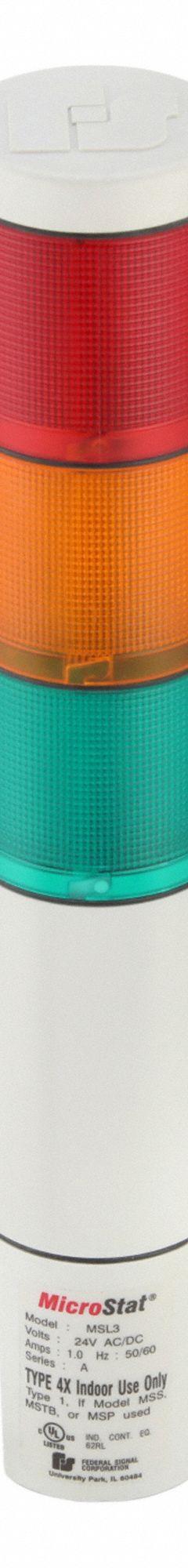 FEDERAL SIGNAL Tower Light Incandescent Assembly: 5 Tier, Amber/Blue/Clear/Green/Red, MSL3-024. Key specifications — Manufacturer Part Number: MSL3-024; Brand: FEDERAL SIGNAL; Operating Voltage: 24V AC/DC; Light Tier Color: Blue.