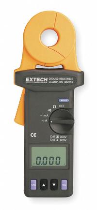 EXTECH Clamp On Earth Resistance Tester: 0.03 ohm to 1,500 ohm, CAT II 600V/CAT III 300V, Digital (MPN 382357). Key specifications — IP Rating: Not Rated; Brand: EXTECH.