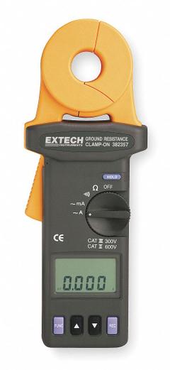 EXTECH Clamp On Earth Resistance Tester: 0.03 ohm to 1,500 ohm, CAT II 600V/CAT III 300V, Digital (MPN 382357). Key specifications — IP Rating: Not Rated; Brand: EXTECH.