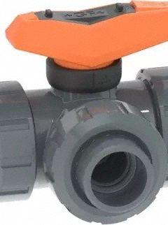 GF PIPING SYSTEMS Manual Three-Way Ball Valve: 2 in, PVC, L Flow, Socket x Socket x Socket (MPN 161543087). Key specifications — Brand: GF PIPING SYSTEMS; Handle: Locking Lever.