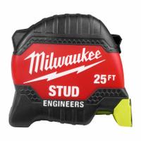 MILWAUKEE STUD Tape Measure: Nonmagnetic Single Hook Tip, 25 ft, Plastic, Black/Red (MPN 48-22-1425E). Key specifications — attr935324: MILWAUKEE; attr942259: Red; attr935326: High-Visibility Blade; attr935328: 1/16 in; attr935329: Inches; attr935337: SAE; attr936607: Manual Lock; attr972446: Inch.