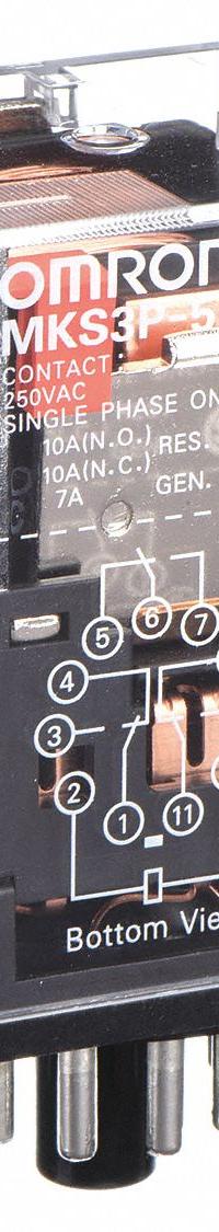 OMRON General Purpose Relay: Socket Mounted, 10 A Current Rating, 24V AC, 3PDT, 11 Pins/Terminals (MPN MKS3P5AC24). Key specifications — Brand: OMRON; Base Type: Octal; Mounting Style: Plug-In; Pin Shape: Round; Electrical Connection: Plug-In; Manufacturer Part Number: MKS3P5AC24; Operating Current: 7 A at 250V AC (Inductive Load); Series: MK-S Series.