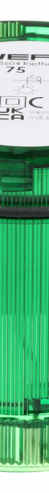 WERMA Tower Light Module: Steady, 24V AC/24V DC, Green, 70 mm Overall Dia, 66 mm Overall Ht (MPN 64420075). Key specifications — Brand: WERMA; Compatible with Series: KombiSIGN 71; Lens Color: Green; Operating Voltage: 24V DC; Manufacturer Part Number: 64420075.