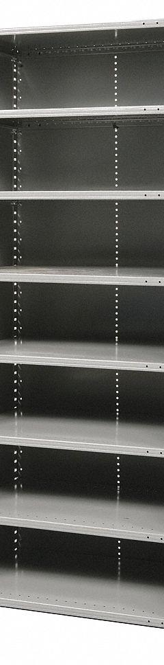 HALLOWELL Metal Shelving: Standalone, Medium-Duty, 48 in x 18 in, 84 in Overall Ht, 8 Shelves (MPN F4723-18HG). Key specifications — Assembled: Unassembled; Shelving Material: Steel; Frame Material: Steel; Color: Gray; Brand: HALLOWELL.