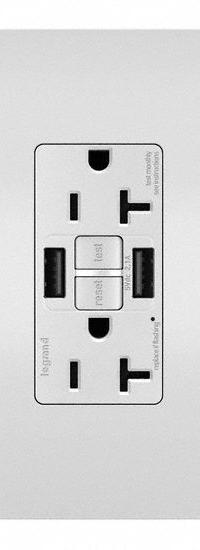 USB Receptacle: Duplex, 5-20R, 2 USB Ports, USB Type A, White, 125V AC, 20 A, GFCI (MPN 2097TRUSBAAW). Key specifications — Brand: LEGRAND.