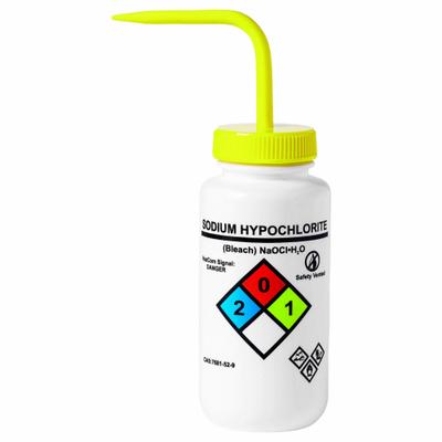 APPROVED VENDOR Wash Bottle: 500 mL, Sodium Hypochlorite, Yellow, Wide, Std Spout Spout - Wide Mouthed Standard Spout Wash Bottles