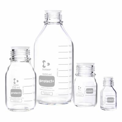 DURAN Laboratory Bottle: 5 L, Closure Material: HDPE – Closure Liner Material: Unlined Cap - Safety Coated Wide Mouth Round Glass Lab Bottles