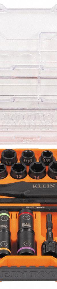 KLEIN TOOLS: 1/4 in, 3/8 in, 1/2 in Drive Size, Small Set (0-50 pieces) Set Size, 39 Pieces, 6-Point (MPN 65500KNECT). Key specifications — attr1204251: KLEIN TOOLS; attr1215453: 1/4 in, 3/8 in, 1/2 in; attr1215454: 8 mm to 18 mm.