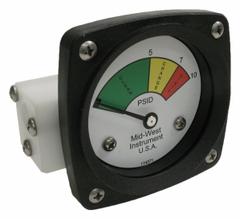 MIDWEST INSTRUMENT 3-Color Differential Pressure Indicator: 1,000 psig Max. Static Pressure, 522 (MPN 522P-010). Key specifications — Brand: MIDWEST INSTRUMENT; Accuracy: ±5% of Full Scale; Sensor Material: Buna-N; Housing Material: Acetal Plastic; Transition Points: 0 psid to 5 psid (Green) / 5 psid to 7 psid (Yellow) / 7 psid to 10 psid (Red).