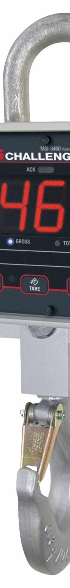 RICE LAKE WEIGHING SYSTEMS Crane Scale: 15,000 lb Wt Capacity - Imperial, +/-0.1% Accuracy, 6 lb (MPN MSI-3460-15000). Key specifications — Readability: 6 lb; Standards: CE; Includes: 6V Rechargeable Battery; Housing Material: Aluminum; Manufacturer Part Number: MSI-3460-15000; Brand: RICE LAKE WEIGHING SYSTEMS; Weighing Units: lb.