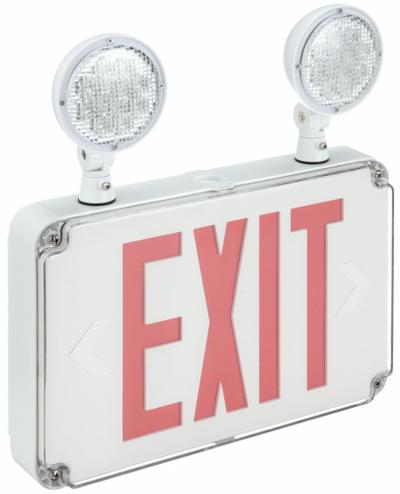 FULHAM Exit Sign with Emergency Lights: White, 2 Faces, Red, LED, Wall, Nickel Cadmium - Plastic Exit Signs with Round Top-Mount Light Heads
