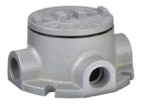 Conduit Outlet Body: Aluminum, GRF, 3/4 in Trade Size, T Body, 18 cu in Body Capacity (MPN GRFT75-A). Key specifications — Series: For Standard Body; Compatible Conduit Trade Size: 3/4 in; Thread Gender: Female; Hub Style: Threaded; Cover Included: Yes; Body Style: T; Connection Type: Threaded; Back Type: Flat.