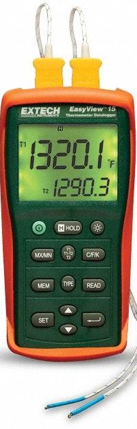 EXTECH Thermocouple Thermometer: -200°F to 1,999°F, 2 Channels, RS-232/SD Card (MPN EA15-NIST). Key specifications — Testing Functions: Average Temperature; Accuracy: ±0.05 % + 1.5 °F/0.75 °C (Type J, K, E, T, N); Brand: EXTECH.