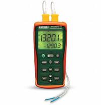 EXTECH Thermocouple Thermometer: -200°F to 1,999°F, 2 Channels, RS-232/SD Card (MPN EA15-NIST). Key specifications — Testing Functions: Average Temperature; Accuracy: ±0.05 % + 1.5 °F/0.75 °C (Type J, K, E, T, N); Brand: EXTECH.
