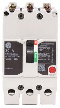 GE Molded Case Circuit Breaker: 30 A Amps, 25kA at 277/480V AC, Fixed, Lug, ABC (MPN TEYD3030B). Key specifications — Series: TEY; Max. AIR Rating: 25kA at 277/480V AC; Instantaneous Trip: Fixed; Terminal Connection: Lug; Phase Connection: ABC.