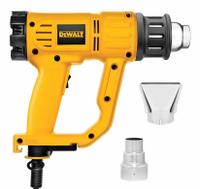 DEWALT Heat Gun Kit: Pistol-Grip, Surface Temp Control, 120V AC, Two-Prong, 13 A Current (MPN D26950). Key specifications — attr1324916: (1) Bare Tool, (2) Nozzles; attr1257106: Two-Prong; attr1257126: No; attr1257132: DEWALT; attr1257155: 115V AC.