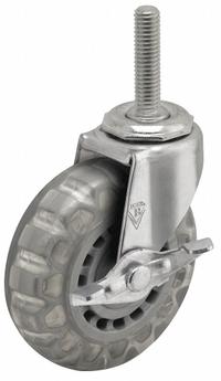 SHEPHERD CASTER Stem Caster: 3 in Wheel Dia., 13/16 in Wheel Wd, 3 1/2 in Mounting Ht, Swivel, Steel (MPN PRE30634ZN-VPR01(CG)B). Key specifications — Brand: SHEPHERD CASTER; Thread Size: 3/8"-16; Wheel Bearing Type: Plain; Wheel/Tread Color: Clear; Roll Up: Swivel with Brake.