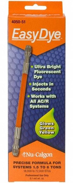 NU-CALGON Fluorescent Dye: 6 ton Compatible System Size, 0.1 oz, Syringe, Yellow/Green (MPN 4050-51). Key specifications — Brand: NU-CALGON; Compatible Refrigerant Group: HCFC; Series: EasyDye; Product Type: Fluorescent Dye.
