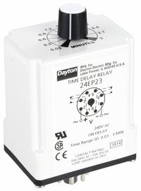 DAYTON Single Function Time Delay Relay: Socket Mounted, 240V AC, 10 A, 8 Pins/Terminals, On Delay (MPN 24EP23). Key specifications — Brand: DAYTON.